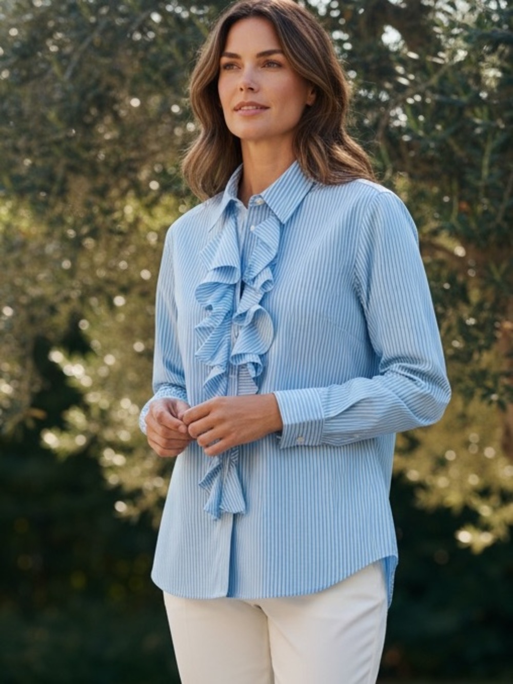 Ralph Lauren Light Blue Striped Ruffle Front Button-Down Size XL